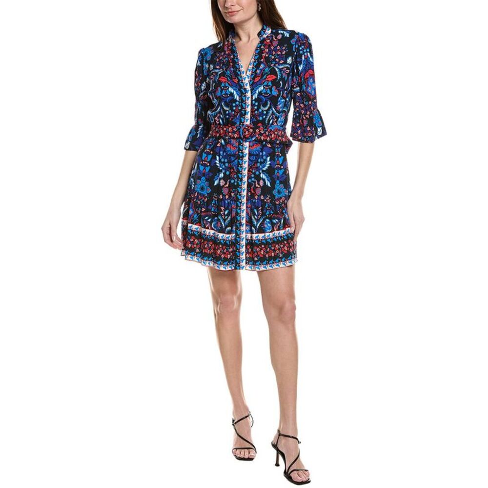 Adrianna Papell Navy Floral Button-Front Mini Dress with Red Accents